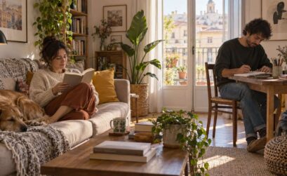 Una pareja comparte el salón mientras una persona lee y la otra dibuja.